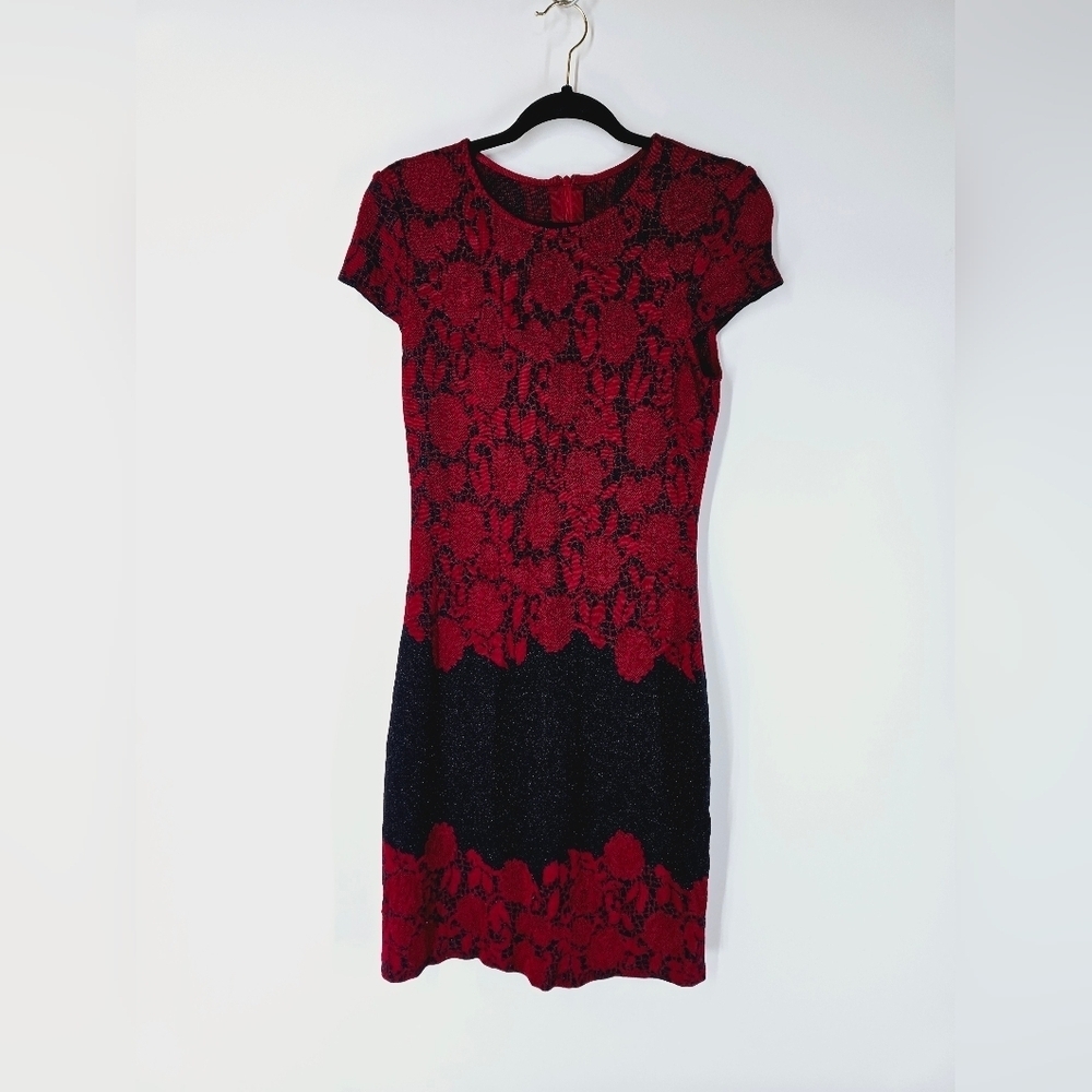 St. John Red and Black Lace Midi Dress